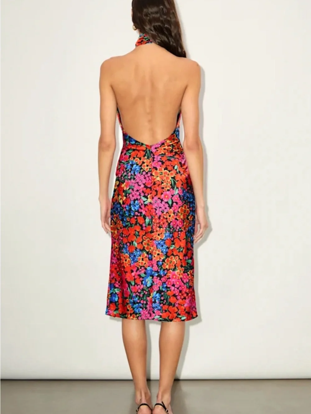 Lulus Bold Presence Black and Red Multi Floral Satin Halter Midi Dress Small - Picture 2 of 13